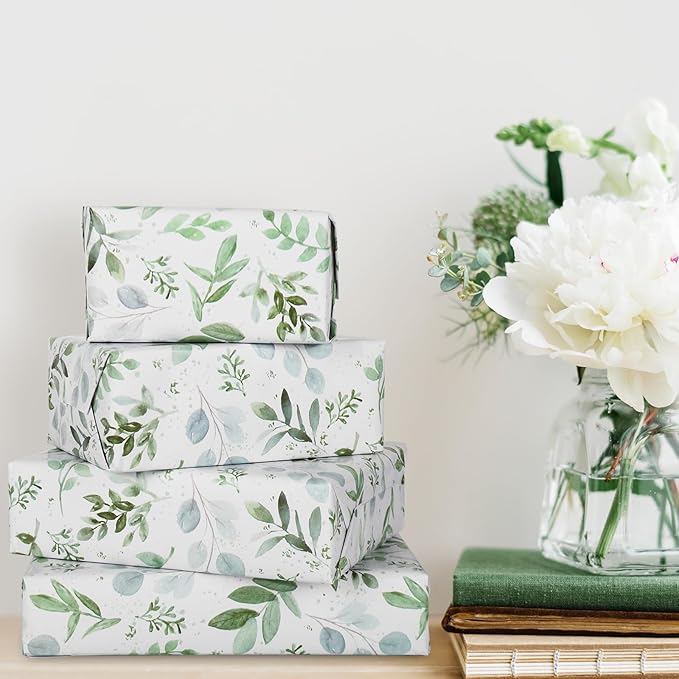 JarThenaAMCS Greenery Wrapping Paper Roll 16.9 In x 32.8Ft Green Leaves Gift Wrap Paper Spring Decorative Art Paper for Baby Shower Birthday Gift Packing Supplies