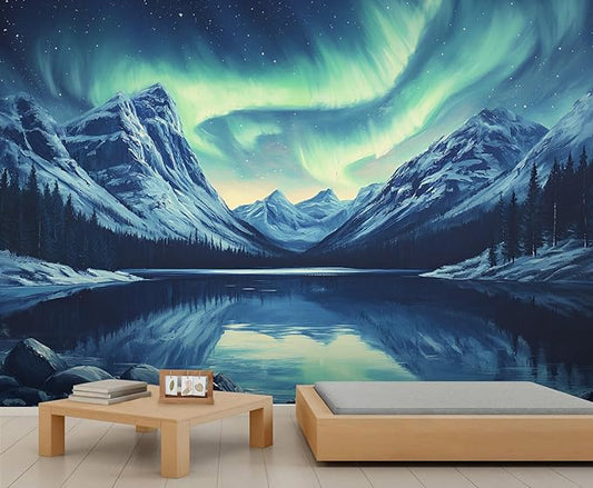 Northern Lights Mountain Wall Mural, Aurora Borealis Lake 3D Wall Murals, Snowy Peaks Starry Sky Wallpaper Mural, for Living Room Bedroom Large Wallpaper Indoor Decor 59" W x39.4 H