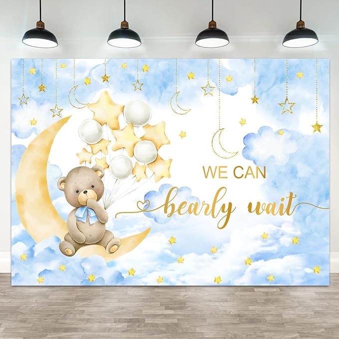 12x8ft Baby Shower Backdrop We Can Bearly Wait Photography Background Bear White Balloons Blue Clouds Moon Stars Cartoon Banner Decorations Birthday Party Newborn Portrait Photo Booth Prop