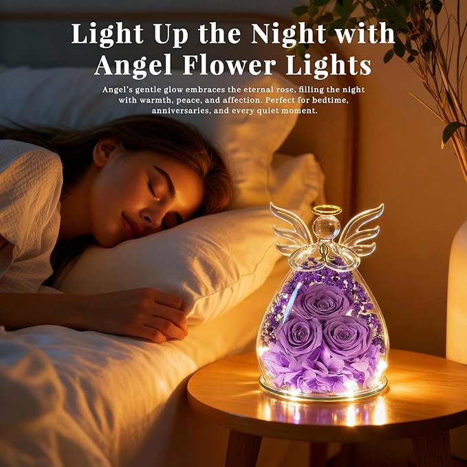 Beferr Christmas Birthday Gifts for Women, Mom Gifts for Christmas Fresh Flowers for Delivery Prime Forever Preserved Rose in Glass Angel, Xmas Gifts for Grandma Wife Sister Her, Lavender Purple