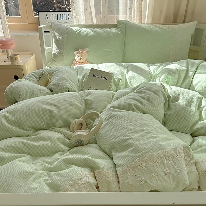 LifeTB Green Gingham Duvet Cover Twin XL 3 Pieces Romantic Lace Duvet Cover Soft Washed Microfiber Green Grid Plaid Comforter Cover with 2 Pillowcases Farmhouse Checkered Gingham Bedding Set