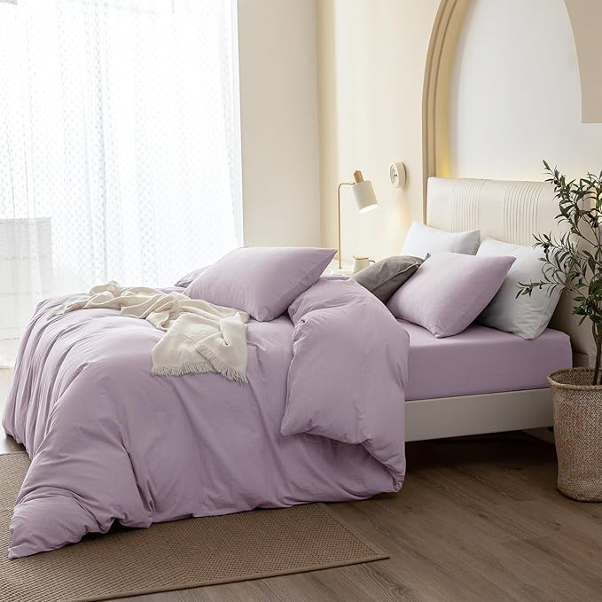 JIYUAN 100% Washed Cotton Duvet Cover Set 3 Pieces Oversized Queen, 1 Duvet Cover 98x98 Inches(Comforter Not Included) and 2 Pillowcases,Linen Like Comfy and Breathable,Heathered Light Purple