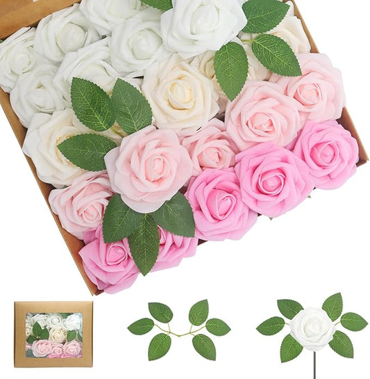 Artificial Flowers Pink Roses Real Looking Foam Fake Roses with Leaves and for DIY Wedding Bouquets Bridal Shower Centerpieces Party Decorations (Pink Series, 100)