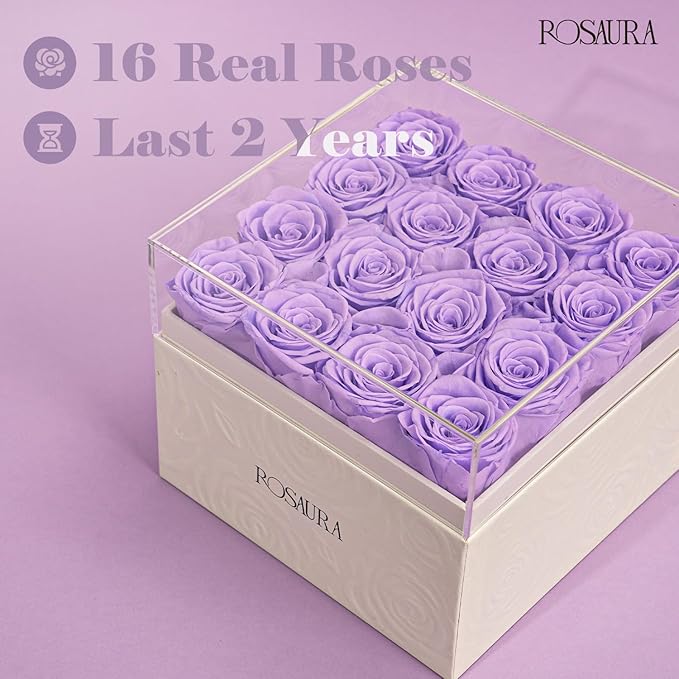 Rosaura Square Preserved Roses Gift Box - Real Forever Flowers in Clear Acrylic Lid, Valentine's for Women (Light Purple, 16 Roses)
