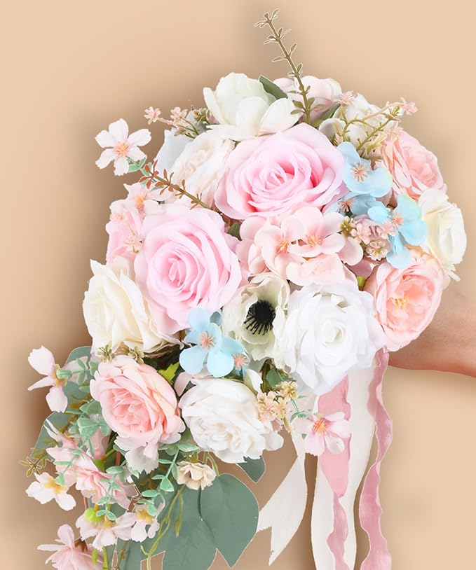 Blush Pink Wedding Bouquets for Bride,10 Inch Fake Cascading Bridal Bouquet Silk Faux Flowers for Ceremony Anniversary Wedding Bridal Shower(Light Pink)