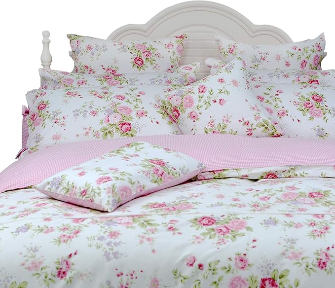 FADFAY Rose Floral Duvet Cover Set Pink Grid Cotton Girls Bedding with Hidden Zipper Closure 3 Pieces, 1duvet Cover & 2pillowcases,King/California King Size