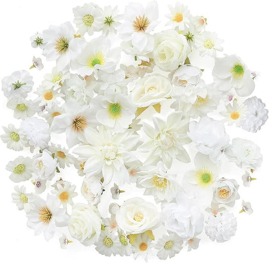 Floroom Mini Artificial Flower Heads Ivory & White Fake Peony Daisy Rose Multicolor Small Faux Silk Flower Heads for Cake Craft Garland Wedding Party Graduation Cap DIY Home Decoration, 0.8"-3.6"