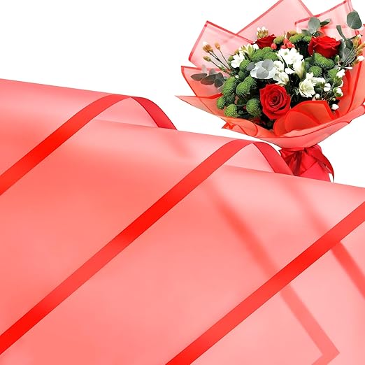 Jutieuo 20 Sheets Red Flower Wrapping Paper, Waterproof Floral Wrap Red Edge Bouquet Wrapping Paper Florist Supplies (22.8 x 22.8 inch)