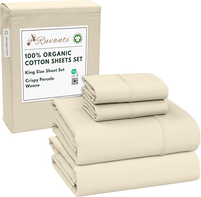 RUVANTI 100% Organic Cotton Sheets King Size, Percale Weave, GOTS Certified, 4-Piece Set, Deep Pocket 15", Crisp & Breathable, Soft Durable Bedding, Sábanas Algodón Orgánico – Cloud Cream