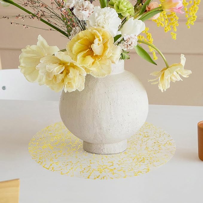 Hysenm 50 Pcs Disposable Gold Placemats Set Metallic 13 Inch Round Table Doilies, Ultra-Thin Messy Lines Disposable Placement Mats for Home Decoration Dining Table Wedding Birthday Party