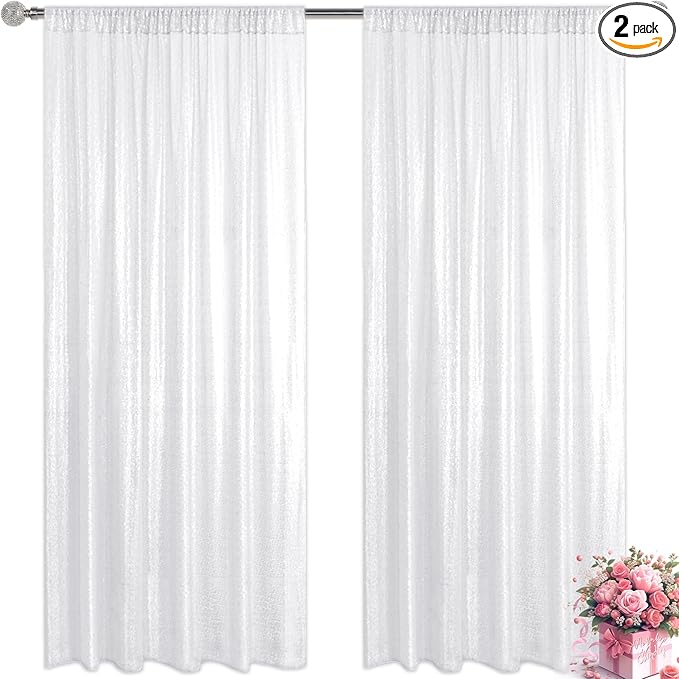 White Sequin Backdrop Curtain 2 Pieces 2FTx8FT Glitter Photography Backdrop for Party Wedding Birthday Christmas Decorations