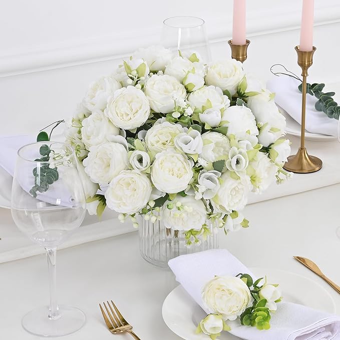 MARTINE MALL 4 Packs Peonies Artificial Flowers, White Artificial Peonies, Silk Peonies Flowers Fake Peonies Artificial Flowers Peonies Bouquet for Centerpiece Table Wedding Party Home Decor