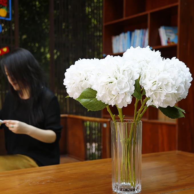 Hydrangea Artificial Flowers with Stems 6 PCS 19.3" Latex Faux Hydrangea Fake Flowers Bulk Real Touch for Vase Indoor Home Decoration Wedding Centerpieces Arrangements (White)