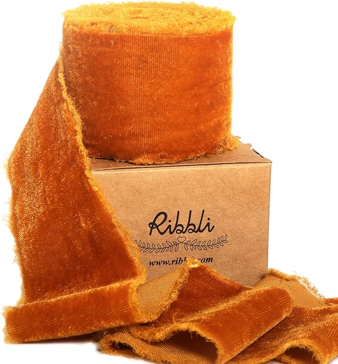Ribbli Terracotta Velvet Ribbon 2 Inch Handmade Frayed Vintage Burnt Orange Christmas Ribbon for Gift Wrapping Tree Ornament Wreath Craft Home Decor -3 Yards