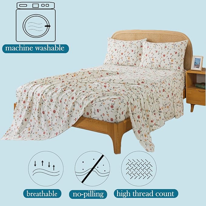 Zusbest California King Size Sheet Sets 100% Percale Cotton Off White Floral Bed Sheet, Brushed for Extra Softness, Breathable Flannel Sheets Like Pink Flower Print Deep Pocket Sheets 17.5'' 4 Pcs