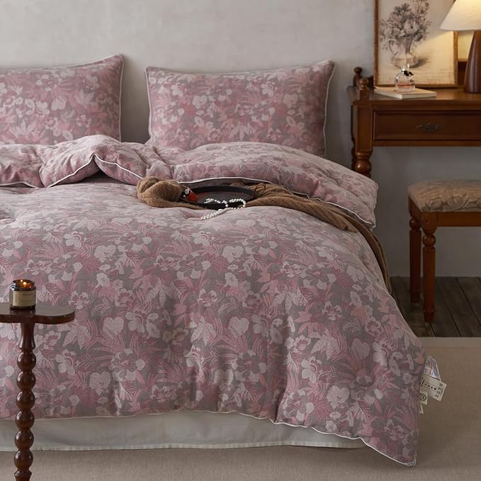 HighBuy Pink Floral King Size Comforter Set Muslin Cotton Soft Luxury Boho King Comforter Jacquard Print Breathable Lightweight Fluffy Bedding Sets with 1 Comforter and 2 Pillow Shams