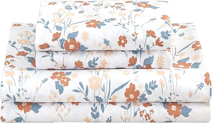 Softan Floral Queen Sheet Set Orange Flower Printed Bed Sheets - 4 Piece Soft Microfiber Patterned Fitted Sheets with 15" Deep Pocket and Corner Straps, Cute Spring Sheets & Pillowcase Set