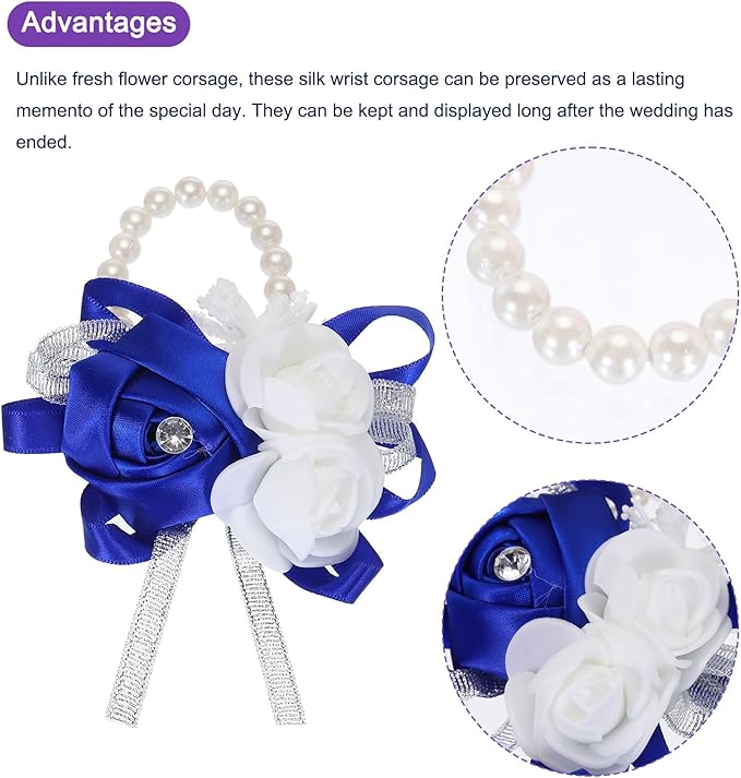 MECCANIXITY 3Pcs Wrist Corsage Artificial Flower Bracelets Rose Wrist Bride Groom Decorative for Wedding Ceremony Prom Party Anniversary Dark Blue