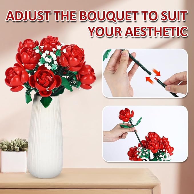 780 PCS Red Rose Building Flower Bouquet Kit for Adults & Kids, DIY Artificial Flowers Set for Home Decor, Desk Display, Gifts for Women, Girls (Rose)