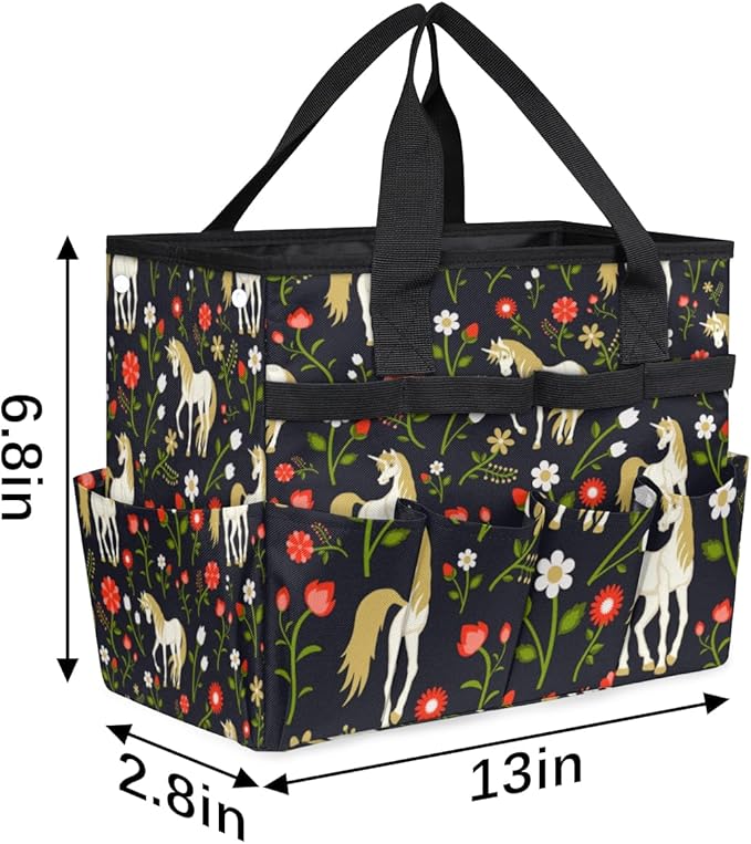 Garden Tool Tote Bag for Women Men Cartoon Horse Flowers Gardening Tool Storage Bags with 10 Pockets Standable Garden Home Tool Kits Organizer for Indoor Outdoor Gardening Gifts