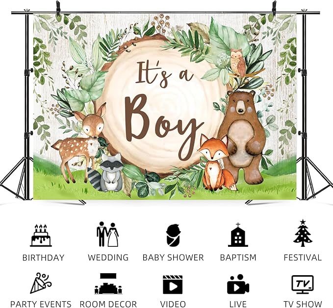10x6.5ft Woodland Baby Shower Backdrop It's a Boy Photography Background Jungle Green Grass Safari Animals Bear Fox Baby Boys Party Banner Decorations Newborn Portrait Photo Booth Prop
