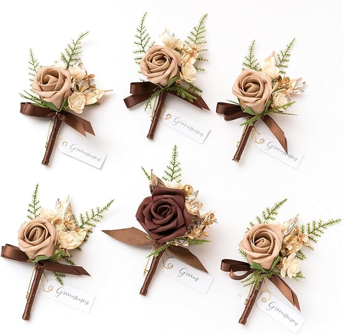 Ling's moment Boutonniere for Men, 6pcs Groom Groomsmen Boutonniere, Artificial Flowers for Wedding Decor/Prom/Homecoming, etc.Walnut Brown