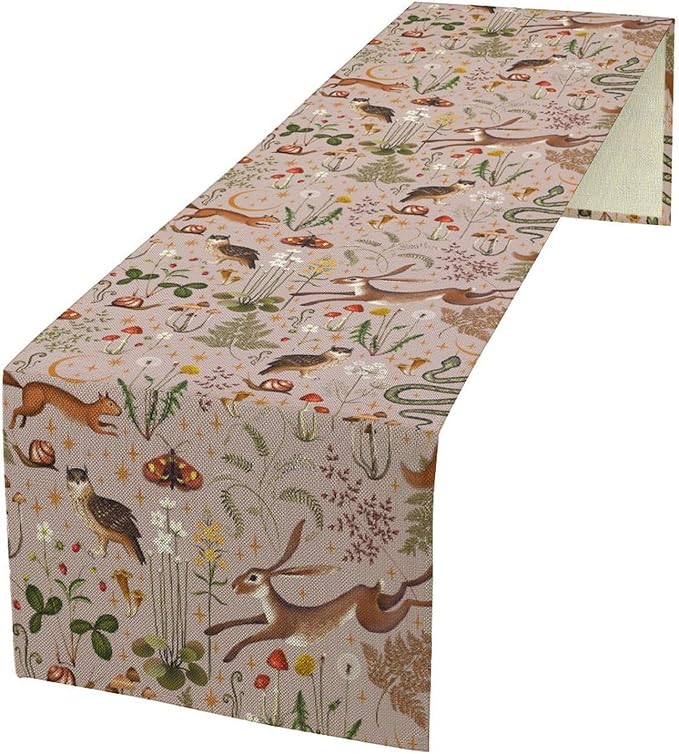 Rustic Forest Table Runner, Farmhouse Pink Woodland Hare Squirrel Owl Flowers Mushroom Print Table Runner for Holiday Kitchen Dinning Table Indoor Outdoor Home Party, 13x120inch