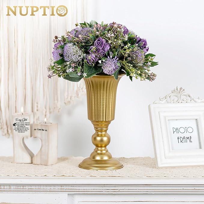 Nuptio Pcs of 10 Flowered Metal Trumpet Vase Elegant Wedding Centerpieces Vase for Party Decoration, 23.2cm/9.13" Tall Artificial Flower Arrangements for Anniversary Ceremony
