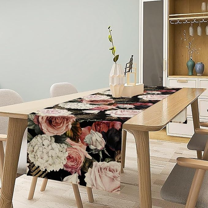 Gothic Flower Table Runner, Vintage Peony Rose Rustic Farmhouse Natural Spring Black Floral Leaves Table Runner for Home Indoor Outdoor Party Wedding Decor, 13x36inch