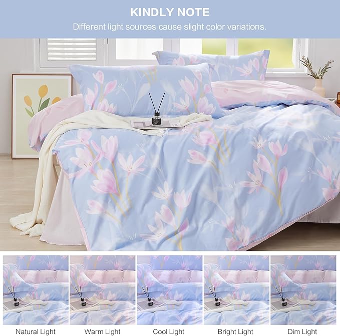 SAPHREAS Pink Floral Duvet Cover Set Twin Size 2pcs Cotton Orchid Flower Blossom Printed Bedding Comforter Cover Set Blue 1 Duvet Cover 68"x90" 1 Pillow Sham, Comforter Not Included