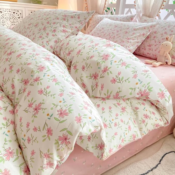 VM VOUGEMARKET Vintage Pink Floral Comforter Set Queen 3 Pieces Garden Flower Bedding Comforter for Teen Girls Reversible Cute Pink White Bedding Set