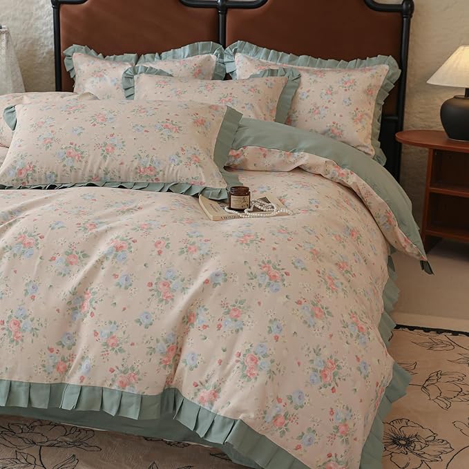 Pink Blue Flower Duvet Cover Set King 100% Cotton Romantic Floral Bedding Set with Green Ruffles Girls Botanical Floral Comforter Cover Princess Bedding Lace Duvet Cover King with Zipper Closure