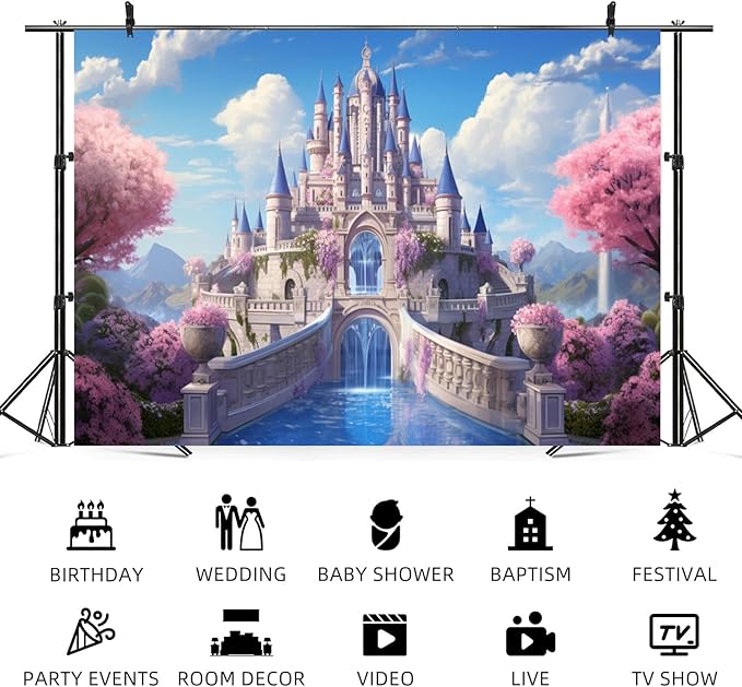 12x8ft Princess Castle Backdrop Pink Floral Blue Sky Photography Background White Cloud Forest Mountain Girls Birthday Baby Shower Banner Decorations Wedding Party Portrait Photo Booth Prop