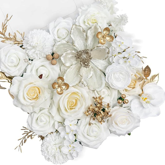 TINGE TIME Roses Artificial Flowers White Faux Flowers Bulk for DIY Bridal Wedding Bouquets Baby Shower Centerpiece Table Home Decorations（Brilliant White）