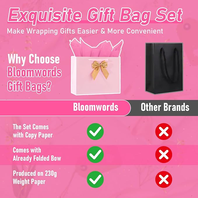 Bloomwords 13" Pink Gift Bag Set - 2 Large Paper Bag with Bow, Greeting Card & 4 Tissues, Sturdy Handles for Birthdays, Father’s Day & Special Occasions-2PCS