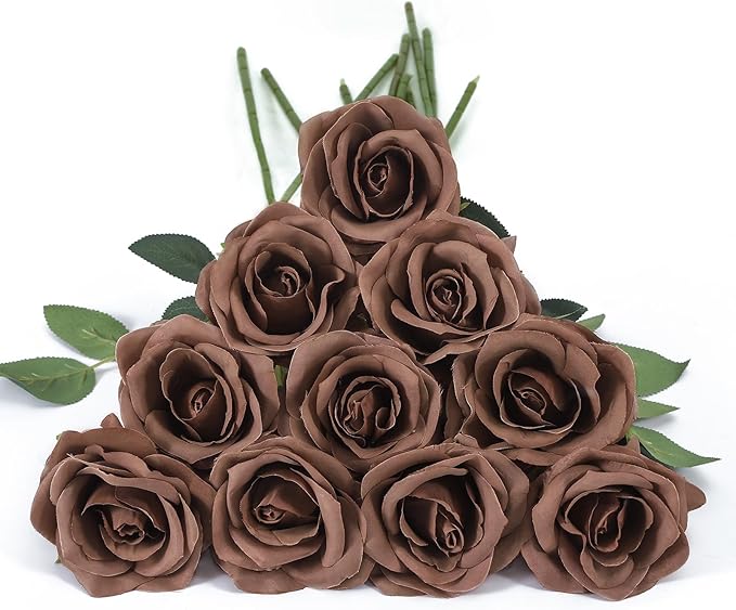 DuHouse 10pcs Fake Roses Artificial Silk Flowers Long Stems Bouquet for Arrangement Wedding Centerpiece Party Home Kitchen Decor(Mocha Brown)