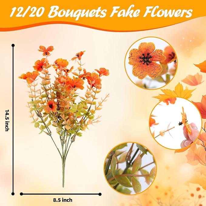 Fall Artificial Flowers for Outdoors Fake Mums for Outside 20 Bundles Faux Silk Orange Dasiy Flower Look Real UV Resistant No Fade Faux Fall Flowers for Front Door Porch Autumn Decoration