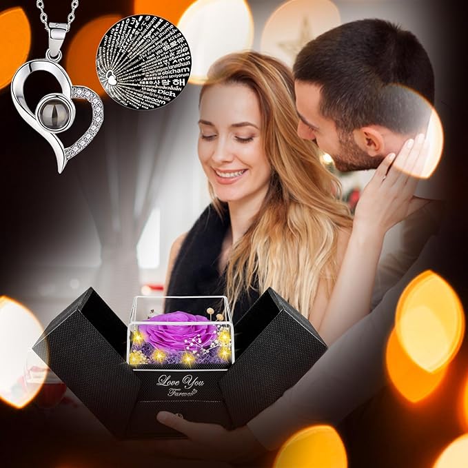 Preserved Purple Real Rose-Eternal Flowers Rose Gifts for Mom Grandma Wife Girlfriend on Mothers Day Birthday Valentines Christmas Anniversary Romantic Gifts for Her with I Love You Necklace