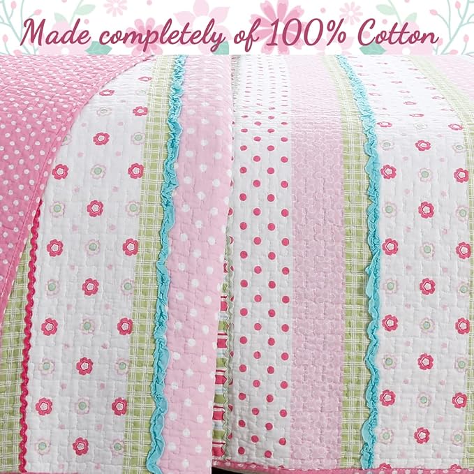 Cozy Line Home Fashions Pink Ruffle Flowers Polka Dot Girl 100% Cotton Reversible Quilt Bedding Set, Coverlet, Bedspread for All Seasons (Twin - 5 Piece)