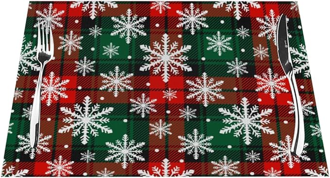 PVC Placemats Set of 4 Wipeable Table Mats Washable Heat Resistant Non Slip Vinyl Dining Table Mat for Kitchen Indoor Outdoor Patio Farmhouse Place Mats Grid Green Red Xmas Decorative