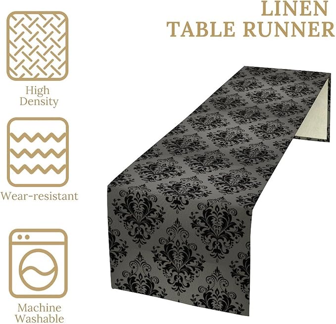 Black Damask Table Runner,Gothic Antique Victorian Floral Boho Table Runner for Home Kitchen Table Dining Garden Farmhouse Wedding Party Decor 13x108 Inch