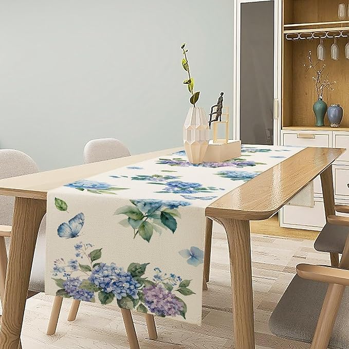 Blue Floral Table Runner, Spring Summer Watercolor Hydrangea Flower Butterfly Country Farmhouse Coffee Table Center Decor for Home Kitchen Dining Patio Holiday Party Table Decorations 13x90 inches