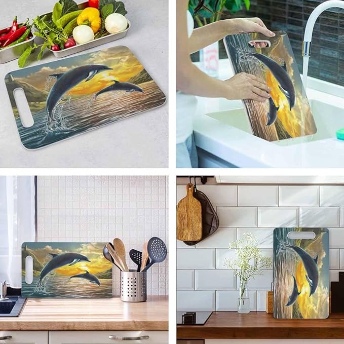 Dolphins Cutting Board with Handles Dolphins Jumping Sea Over A Beautiful Sunset Cutting Boards Plastic Safe Chopping Board for Kitchen 16" x 10" x 0.24"