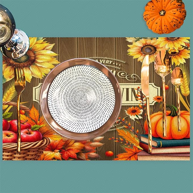 Thanksgiving Holiday Pumpkins Fall Placemats Set of 4 PVC Vinyl Non Slip Table Mats Heat Resistant Place Mats Washable Wipeable Dining Table Mat for Kitchen Decor Party Indoor Outdoor Decorative Gift