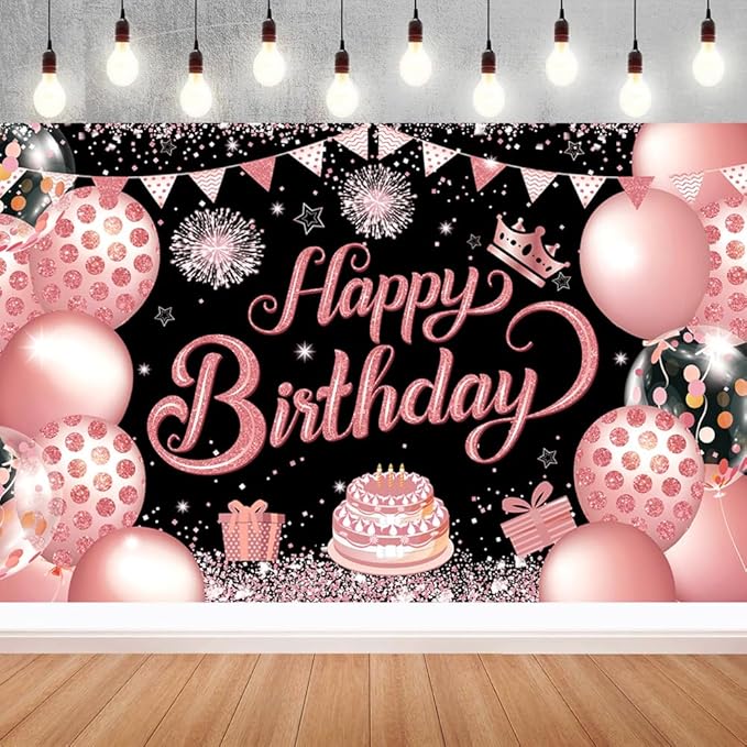 YinQin 180x120 cm Black Rose Golden Happy Birthday Party Photography Backdrops Cloth 71x47 inch Rose Gold Photo Backgrounds Glitter Pink Gold Happy Birthday Sign Banner Decorations for Women Girl