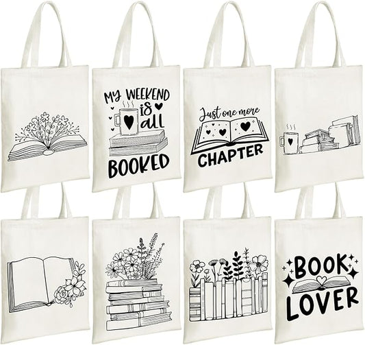Sweetude 8 Pcs Christmas Book Lovers Club Gifts Bulk Canvas Tote Bags Bookish Librarian Reader Gift for Women Teacher Present(Basic Style)