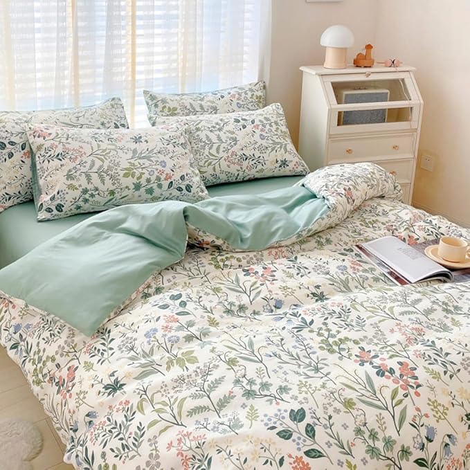 Floral Wildflower Duvet Cover Full Sage Green Botanical Duvet Cover 100% Cotton Vintage Floral Bedding Set Full Rustic Garden Flower Comforter Cover Girls Cottagecore Bedding Set with 2 Pillowcases