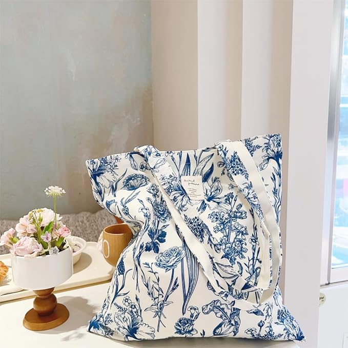 Cotton Canvas Tote Bag Reusable Soft Grocery Cloth Bag Floral Shoulder Bag for Beach Travel Shopping