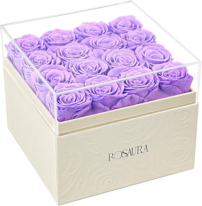 Rosaura Square Preserved Roses Gift Box - Real Forever Flowers in Clear Acrylic Lid, Valentine's for Women (Light Purple, 16 Roses)