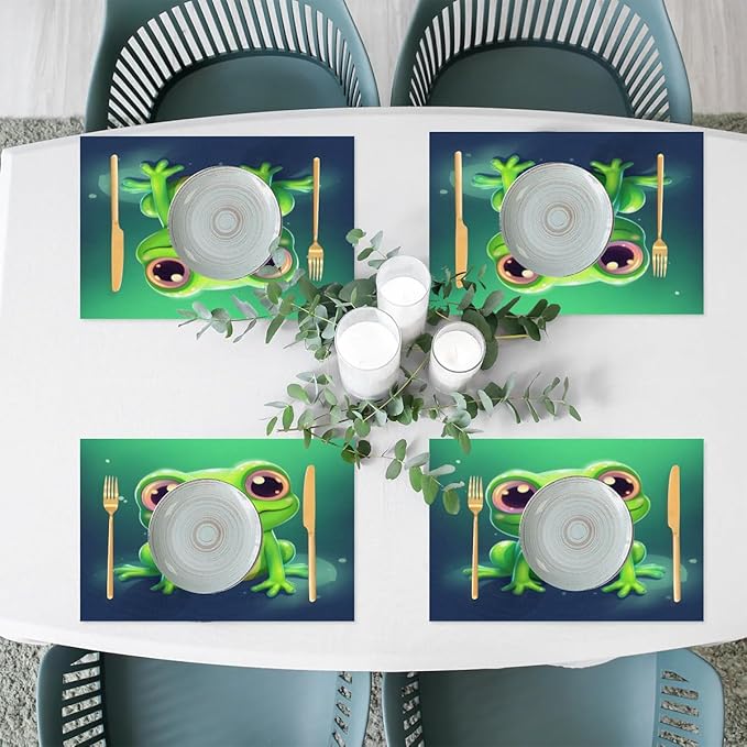 Frog Animal Green Placemats Set of 6 PVC Vinyl Non Slip Table Mats Waterproof Heat Resistant Place Mats Washable Wipeable Dining Table Mat for Kitchen Party Farmhouse Indoor Outdoor Decorative